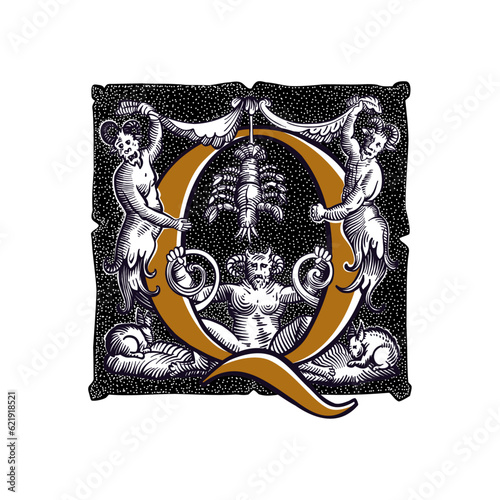 Witchcraft letter Q logo. Gothic medieval initial. Devil, cancer and ghosts in hell. Engraving drop cap with dots pattern. Alchemy font for Halloween invitations, pagan music, black magic labels.