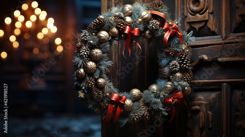 A Christmas wreath is hanging on a door. Generative AI