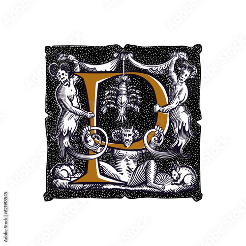 Witchcraft letter P logo. Gothic medieval initial. Devil, cancer and ghosts in hell. Engraving drop cap with dots pattern. Alchemy font for Halloween invitations, pagan music, black magic labels.