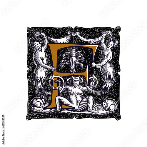 Witchcraft letter F logo. Gothic medieval initial. Devil, cancer and ghosts in hell. Engraving drop cap with dots pattern. Alchemy font for Halloween invitations, pagan music, black magic labels.