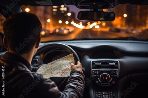 Man driving a car using navigator, AI Generative © dark_blade