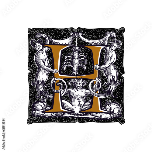 Witchcraft letter H logo. Gothic medieval initial. Devil, cancer and ghosts in hell. Engraving drop cap with dots pattern. Alchemy font for Halloween invitations, pagan music, black magic labels.