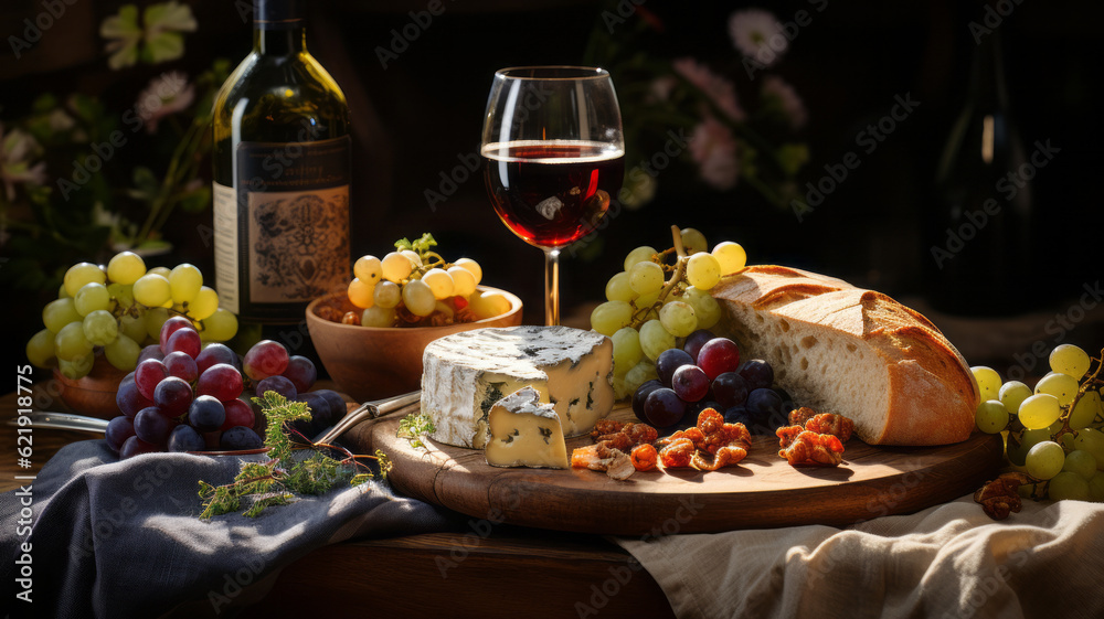 A picnic with wine cheese and grapes on a blanket. Generative AI
