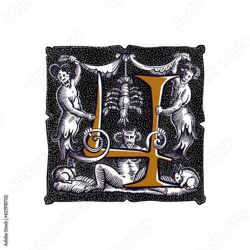 4 logo. Witchcraft number four sign. Gothic medieval initial. Devil, cancer and ghosts in hell. Engraving drop cap with dots pattern. Alchemy font for Halloween invitations, pagan black magic labels.