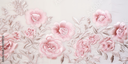 embroidered shabby chic baroque roses pattern, high relief embroidery, pastel pink. Generative AI