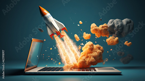 Print op canvas A rocket ship flying above a laptop with a rocket launcher