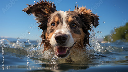 A swimming dog in a water. Generative AI © wolfhound911