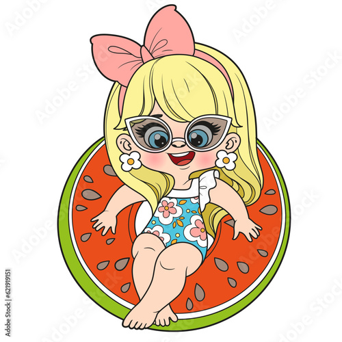 Cute cartoon girl in a swimsuit and sunglasses with an watermelon inflatable ring for swimming color variation on white background