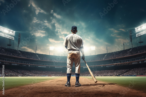 baseball player with bat on baseball field, in the style of spectacular backdrops. Generative AI