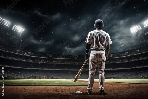 baseball player with bat on baseball field, in the style of spectacular backdrops. Generative AI © wolfhound911