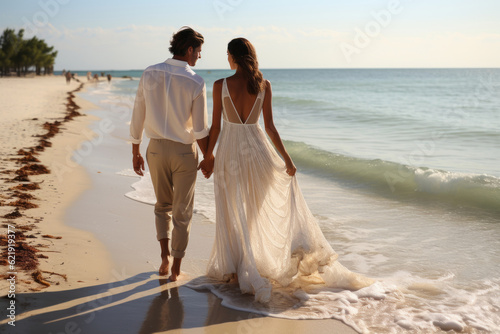 Leinwand Poster Beach wedding bride and groom walking away down the beach by the water hi definition