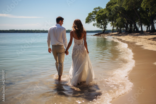 Beach wedding bride and groom walking away down the beach by the water hi definition. Generative AI