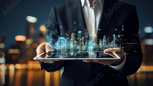 Businessperson holding tablet with city icons on it  in the style of planar art  nightscapes  night photography. Generative AI