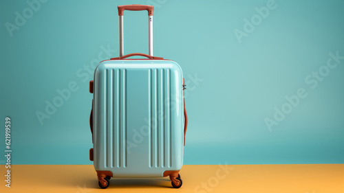Blue suitcase on pastel blue background. Generative AI