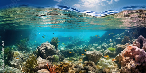 Marine life under sea water, water surface, sea sponge, different fish, seabed, blue sky.