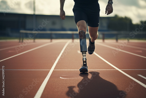 Close up of a disabled person with a prosthetic leg exercising on a sports track. Generative AI