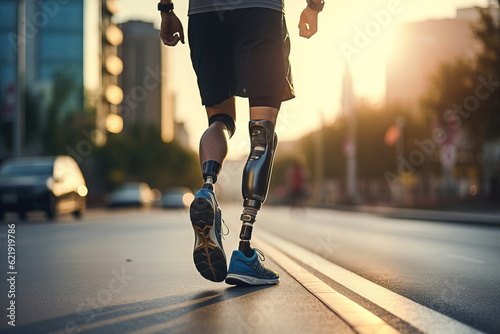 close-up of a prosthetic leg of a person with a running shoe on against the background of a street. Generative AI photo
