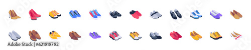 Shoes and Footwear Set Vector. Fashionable Shoes. Boots. For Man And Woman. Web Icon. Flat Cartoon Isolated Illustration	
