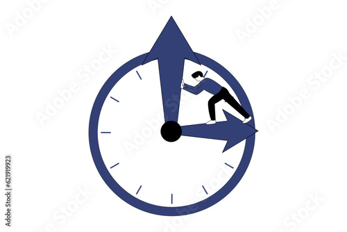 Rewind time to change or correct a mistake. A businessman standing on the hour hand of a clock manages to push back the minute hand to turn back time.
