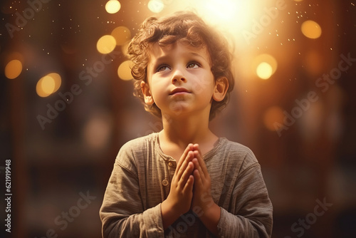 Cute small boy praying in the church and Jesus giving blessing, cinematic effect, studios light. Generative AI