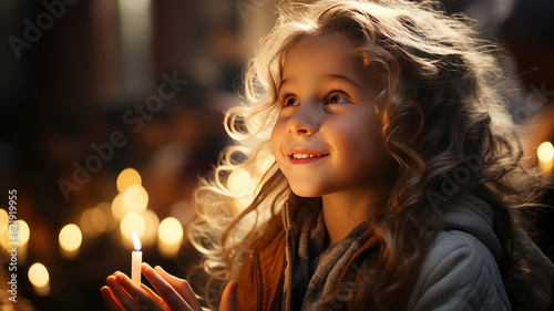 cute small girl praying in the church and Jesus giving blessing, cinematic effect, studios light. Generative AI