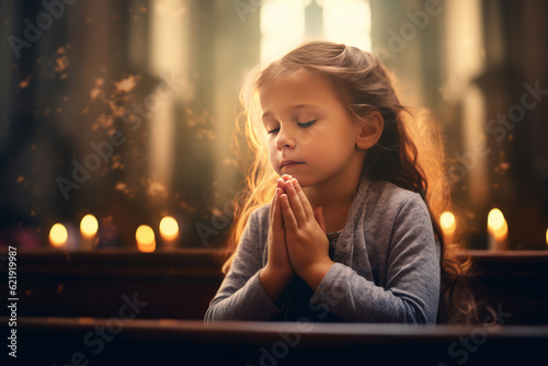 Photo cute small girl praying in the church and Jesus giving blessing, cinematic effect, studios light
