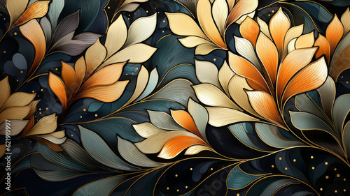 decorative art deco modern geometric pattern in gold and black, in the style of abstracted botanical illustrations. Generative AI