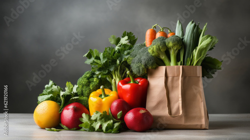 fresh vegetables and fruit packed inside a shopping bag. Generative AI