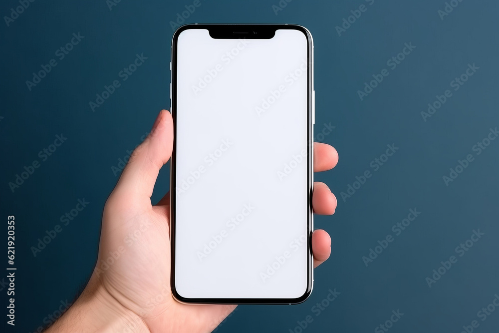 hand holding a white smartphone with a blank screen. Generative AI hand holding a white smartphone with a blank screen. Generative AI
