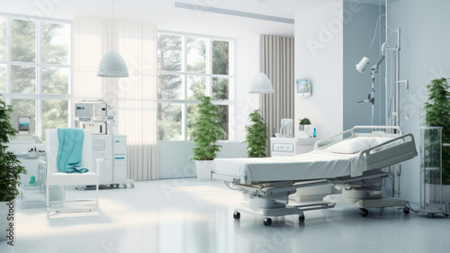 Hospital room with beds in white tones. Generative AI