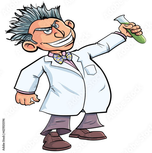 Cartoon scientist with an evil grin holding a test tube of green liquid