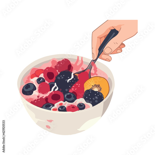 Hand holding bowl of fresh blueberry yogurt