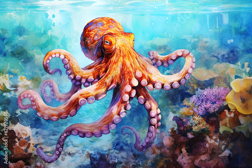 Watercolor painting of large sea octopus in sea depth in transparent sea water near color corals.