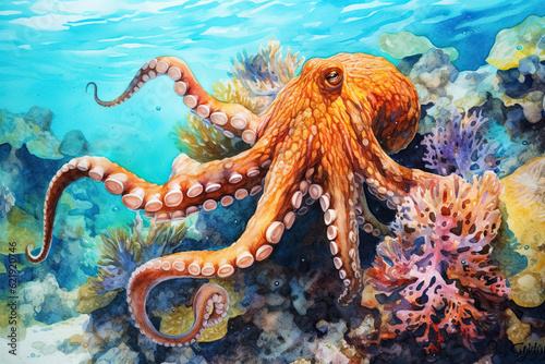 Watercolor painting of marine life. Large sea octopus lying on seabed among color corals.