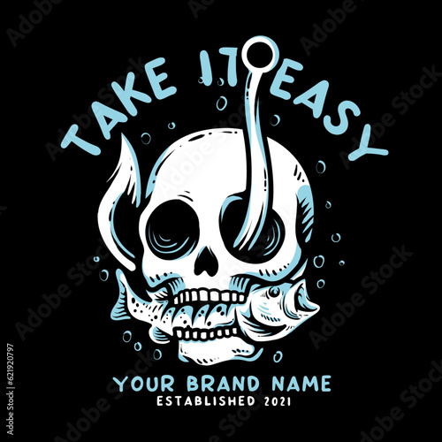 the skull head with a fish and A fishing hook in his eye