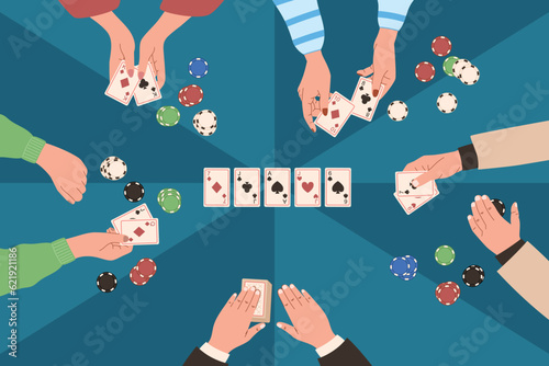 Hands of people playing board game poker, top view. Table in a casino with chips and playing cards. Vector flat illustration, table gambling.