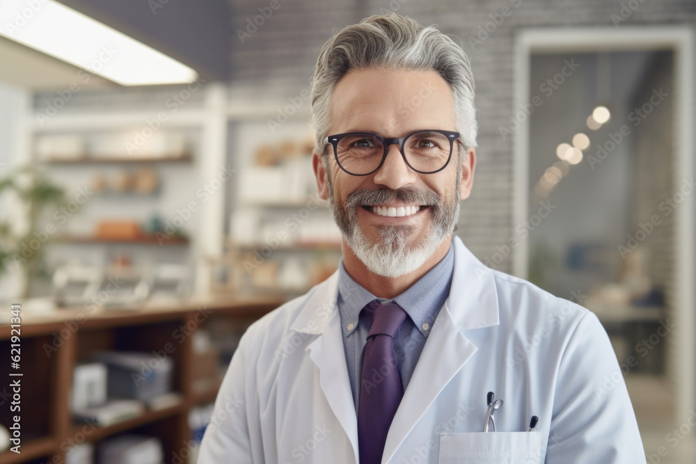 Smiling male doctor pharmacist looking at camera in pharmacy, advertising medicines. Generative AI Smiling male doctor pharmacist looking at camera in pharmacy, advertising medicines. Generative AI