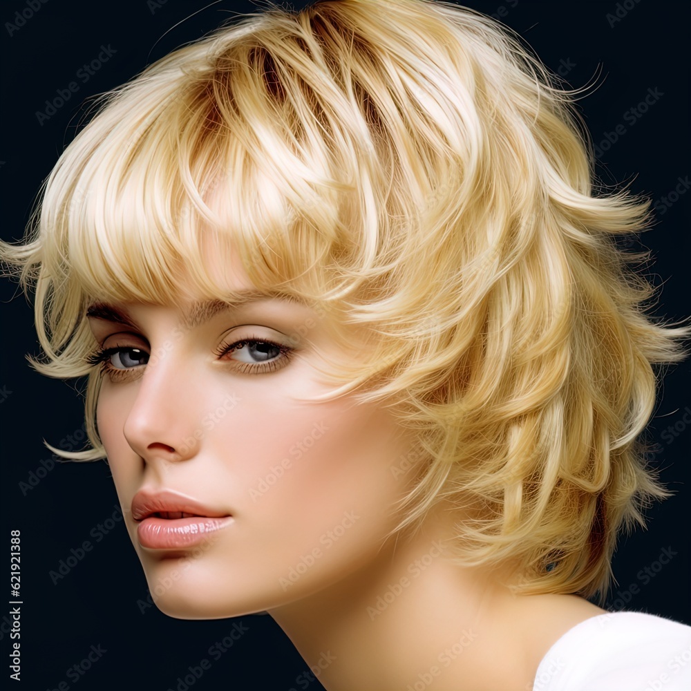 Naklejka premium Gorgeous blond woman with amazing hair. Great for articles about beauty, hair fashion, salon, cosmetics, skin care, hair care, hair products, fashion, trends, grooming etc. 