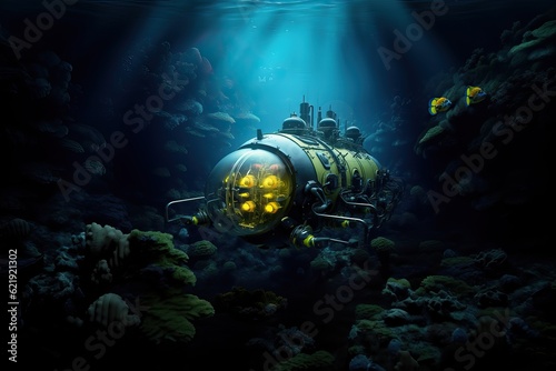 A research submersible floats near the ocean floor. Exploration of the deep sea as a key to understanding the origin of life.
