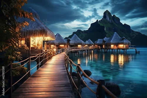 The piers with thatched huts in the sea at bora bora. Generative AI