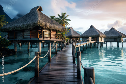 The piers with thatched huts in the sea at bora bora. Generative AI