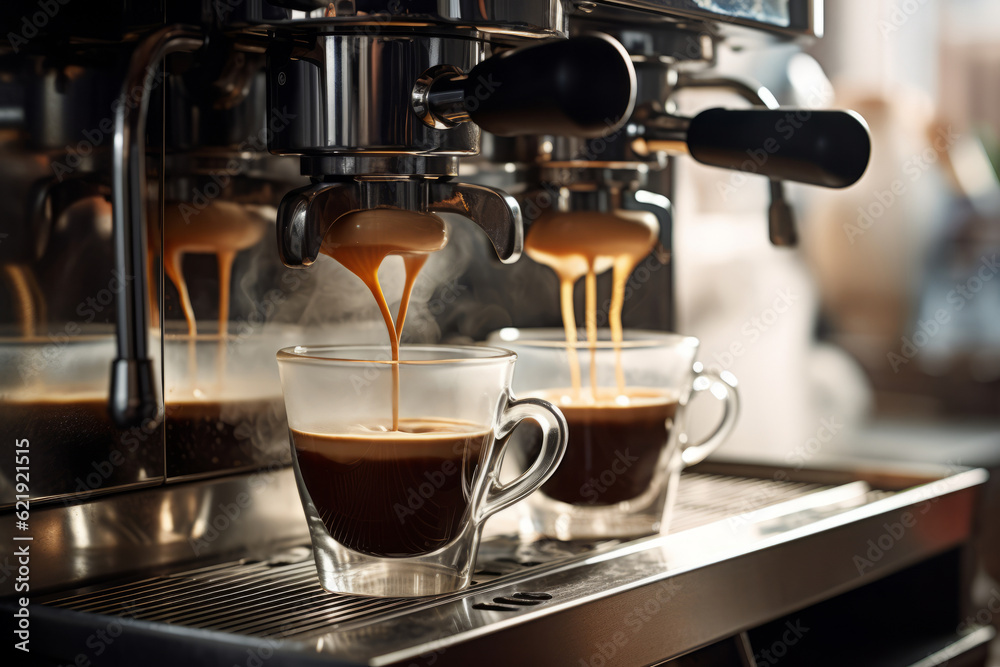 Two coffee cups being poured by espresso machine. Generative AI