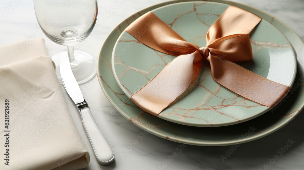 Two plates with gift wrapped on them, with a wine glass. Generative AI Two plates with gift wrapped on them, with a wine glass. Generative AI