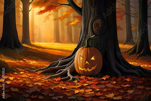 jack o lantern in autumn background generated by ai photo