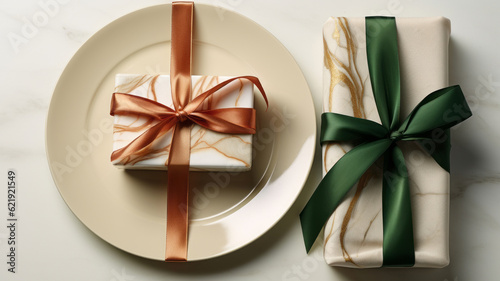 Two plates with gift wrapped on them, with a wine glass. Generative AI