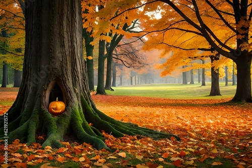 jack o lantern in autumn background generated by ai photo