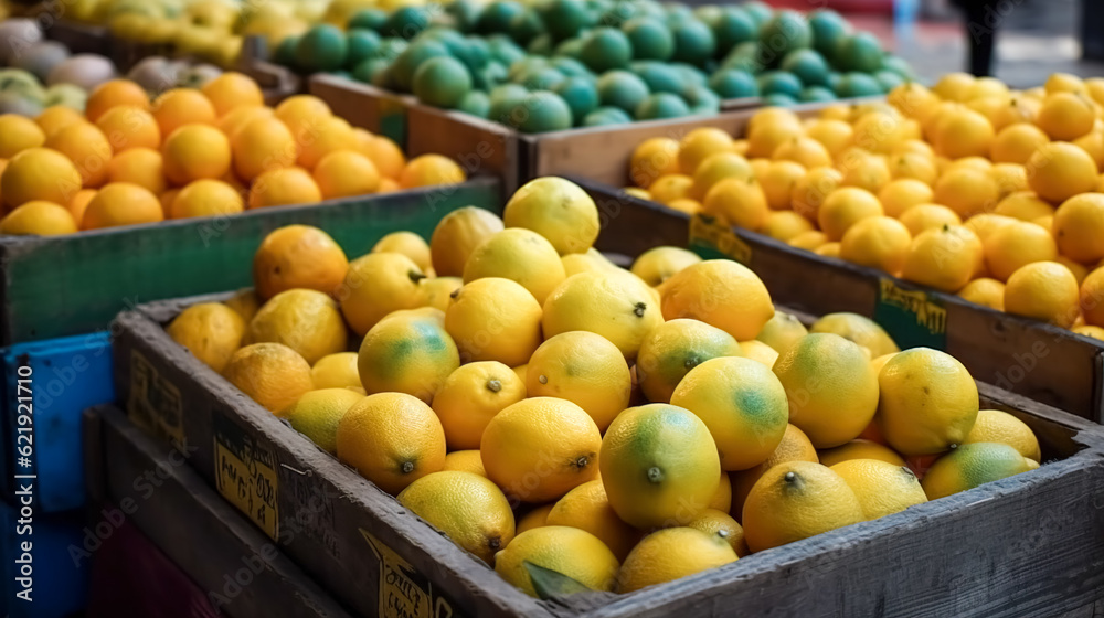 Lemons in boxes at the market, generative AI.