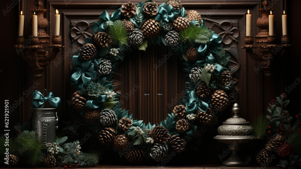 Wreath Christmas green in Christmas wreath with cones. Generative AI Wreath Christmas green in Christmas wreath with cones. Generative AI