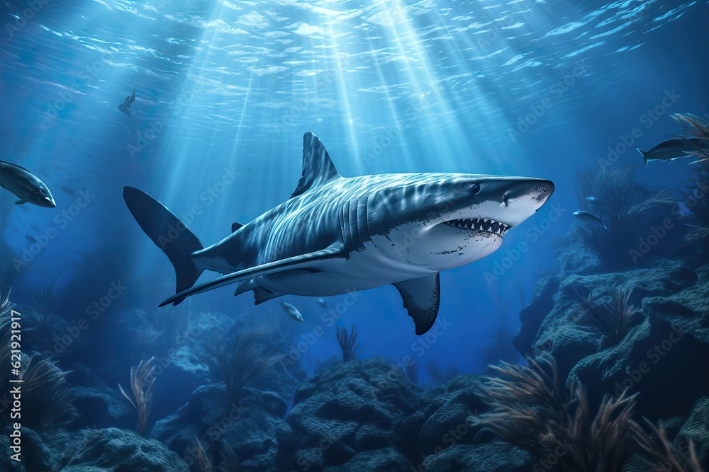 Fototapeta premium Big white shark in the ocean in sunny rays during hunting.