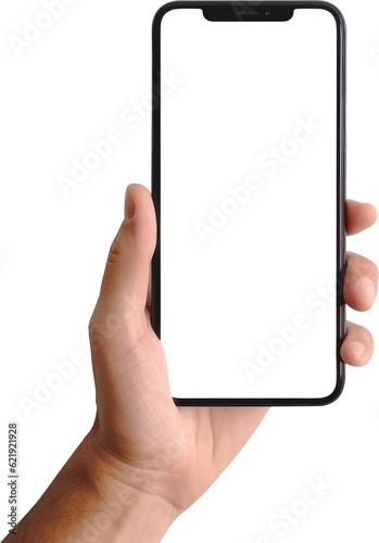 Hand holding a mobile phone with a white screen against a transparent background. Generative AI.